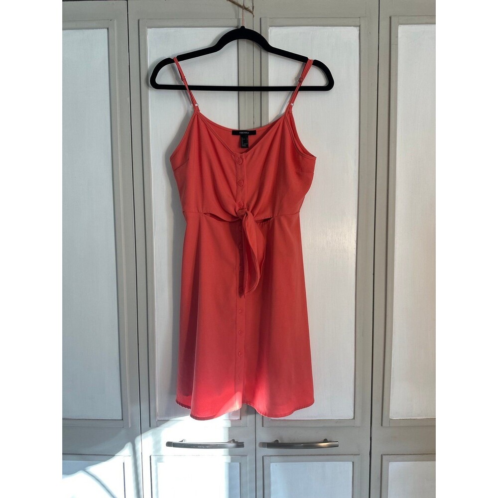 Forever 21 Melon Tie Front Spaghetti Strap Sundress Fit Flare Button Up Dress L